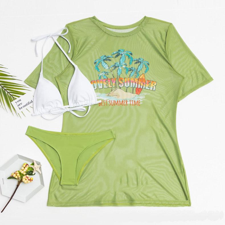 Maillot de bain 3 pièces à manches courtes, imprimé contrasté, licou et noué à la taille 