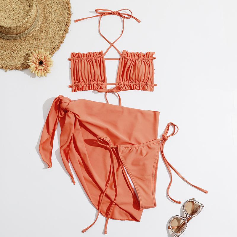 Traje de baño de tres piezas con cuello halter fruncido y lazo, liso, sin espalda 