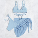 Maillot de bain 3 pièces uni à nouer soi-même et appliqué papillon irrégulier 