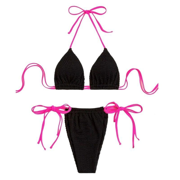 Maillot de bain bikini texturé à nouer et à licou contrasté 
