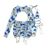 Conjunto de traje de baño de 4 piezas con falda con cordón y estampado de mariposas en contraste 