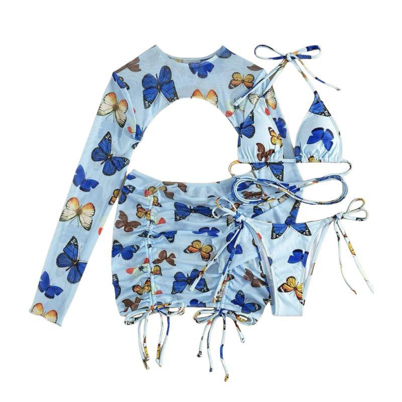 Conjunto de traje de baño de 4 piezas con falda con cordón y estampado de mariposas en contraste 