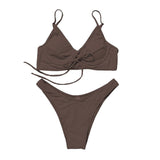 Maillot de bain bikini dos nu uni rembourré avec boucle à nouer dans le col en V 