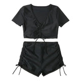 Traje de baño bikini con top corto y lazo ajustable de manga corta en color liso 
