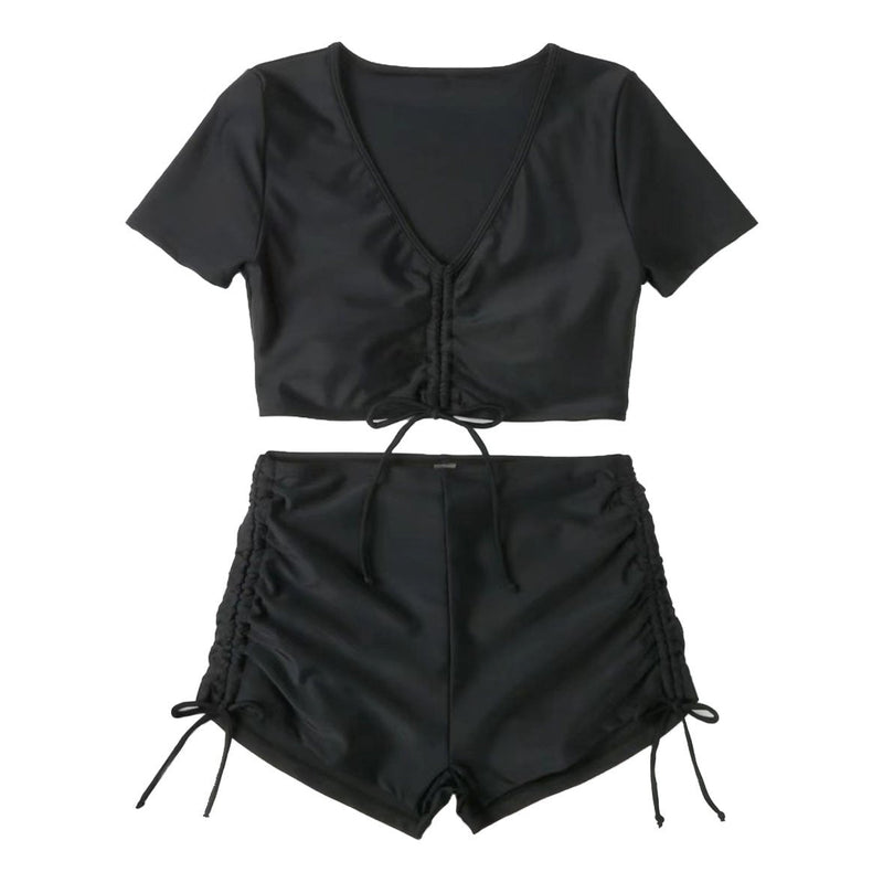 Traje de baño bikini con top corto y lazo ajustable de manga corta en color liso 