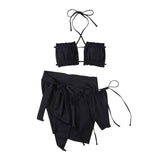 Traje de baño de tres piezas con cuello halter fruncido y lazo, liso, sin espalda 