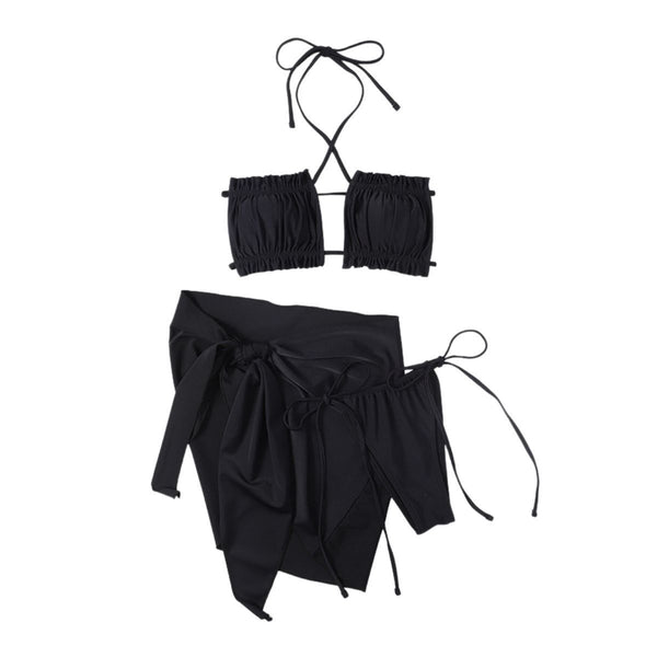 Traje de baño de tres piezas con cuello halter fruncido y lazo, liso, sin espalda 