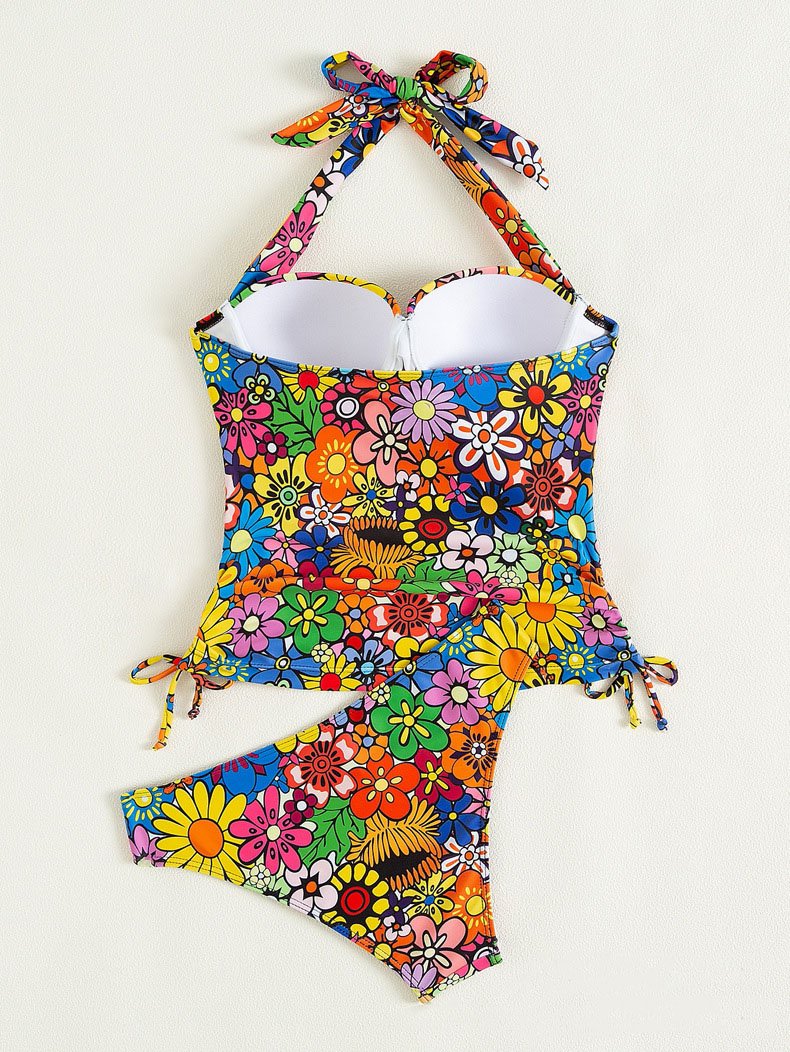 Maillot de bain bikini rembourré à imprimé floral contrasté et à nouer soi-même 