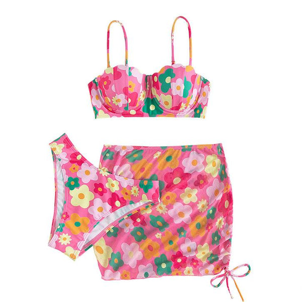 Maillot de bain 3 pièces rembourré contrasté à motif floral et cordon de serrage 