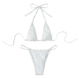 Traje de baño bikini sin espalda con lazo y cuello halter texturizado sólido 