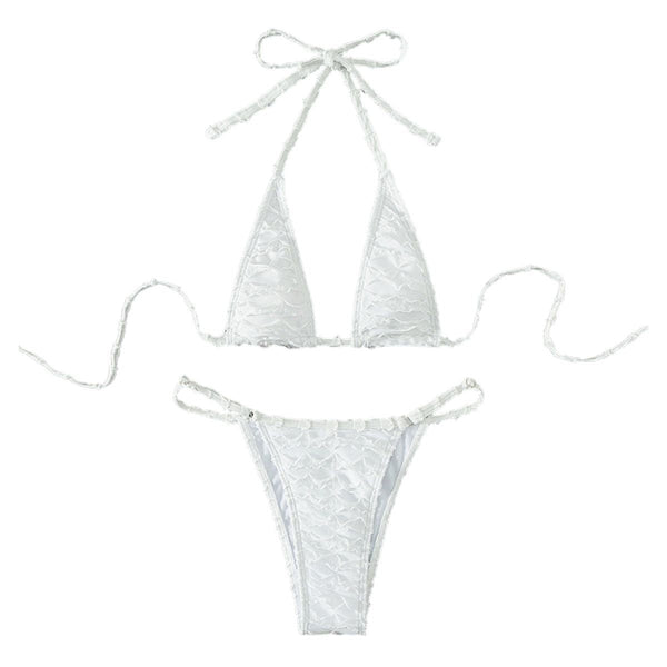 Traje de baño bikini sin espalda con lazo y cuello halter texturizado sólido 