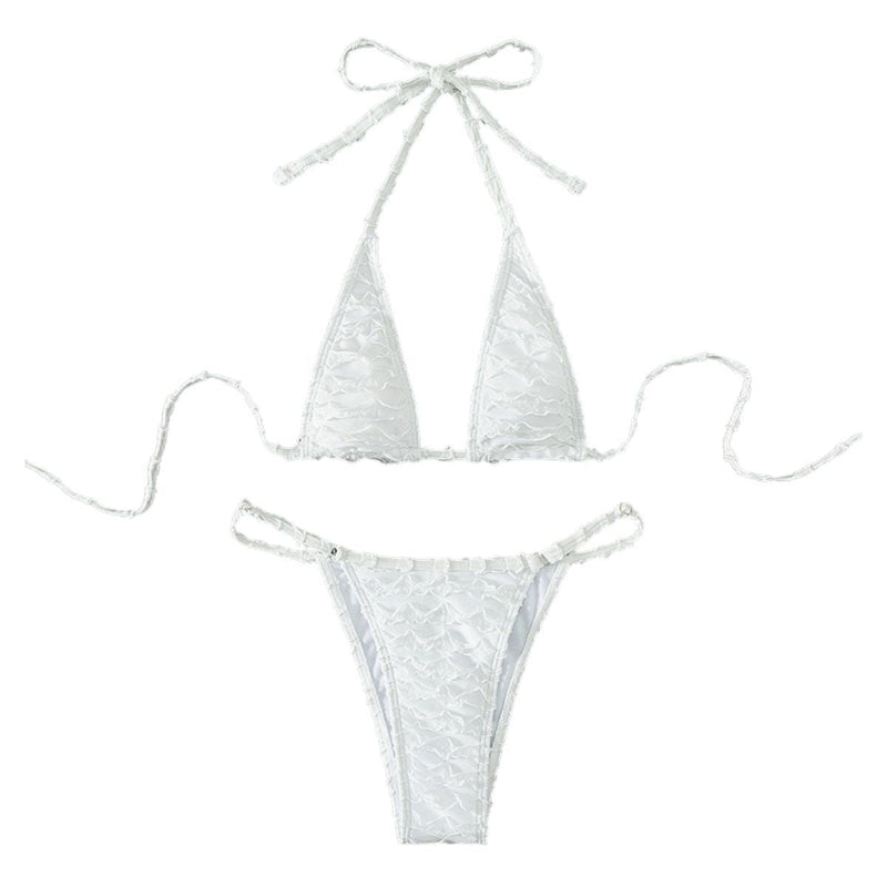 Traje de baño bikini sin espalda con lazo y cuello halter texturizado sólido 