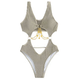 Maillot de bain une pièce texturé avec chaîne en métal et anneau en O, col en V, ajouré 