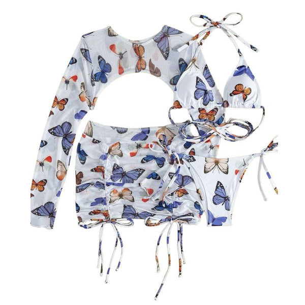 Conjunto de traje de baño de 4 piezas con falda con cordón y estampado de mariposas en contraste 