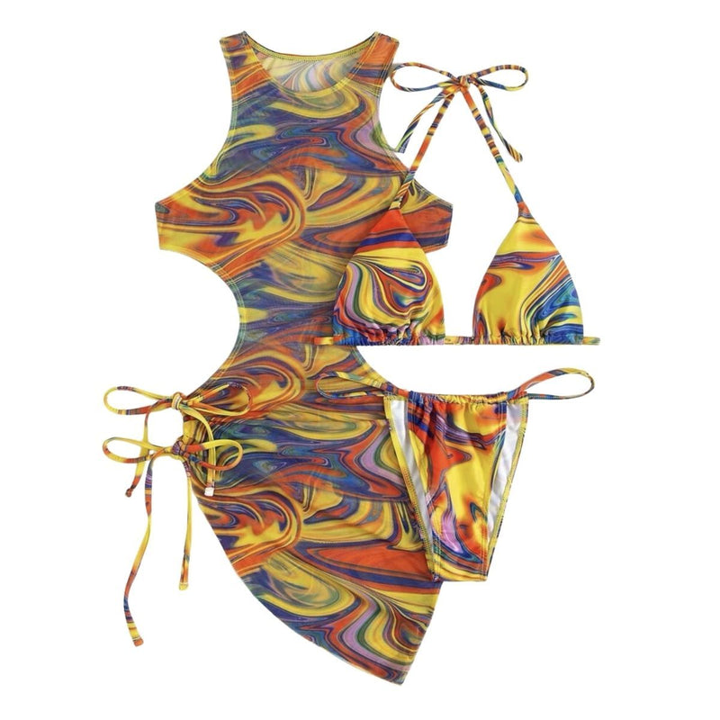 Traje de baño de 3 piezas con cuello halter, ahuecado, de malla con estampado en contraste y lazo 
