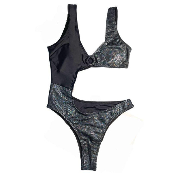 Maillot de bain une pièce contrasté à motif patchwork ajouré et anneau en O 