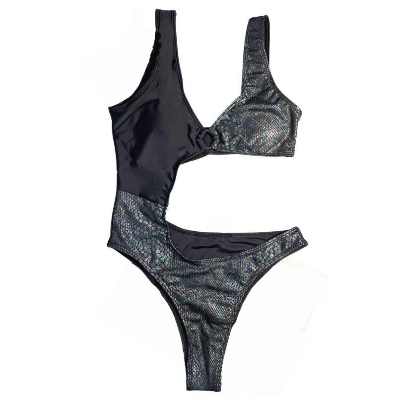 Maillot de bain une pièce contrasté à motif patchwork ajouré et anneau en O 