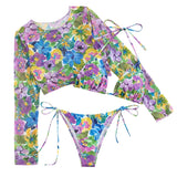 Traje de baño de 3 piezas con cuello halter, manga larga y estampado floral de malla en contraste 