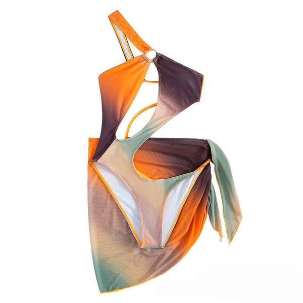 Maillot de bain une pièce à une épaule contrastée avec anneau en O creux et jupe de plage 