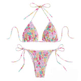 Maillot de bain bikini dos nu à motif floral smocké et à nouer soi-même 