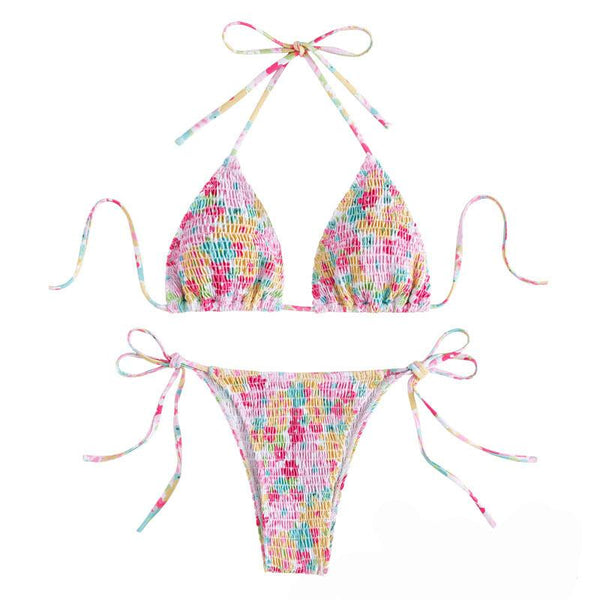 Maillot de bain bikini dos nu à motif floral smocké et à nouer soi-même 