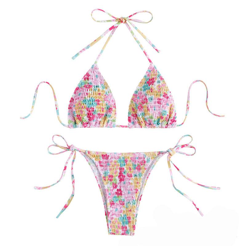 Maillot de bain bikini dos nu à motif floral smocké et à nouer soi-même 