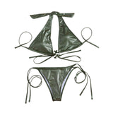 Traje de baño bikini sin espalda con aro o lazo y cuello halter metálico sólido 