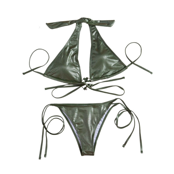 Traje de baño bikini sin espalda con aro o lazo y cuello halter metálico sólido 