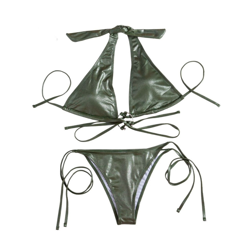 Traje de baño bikini sin espalda con aro o lazo y cuello halter metálico sólido 