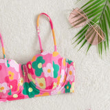 Maillot de bain 3 pièces rembourré contrasté à motif floral et cordon de serrage 