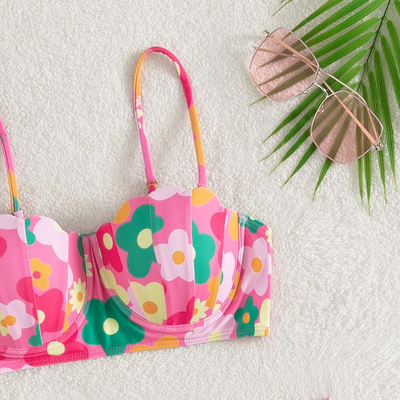 Maillot de bain 3 pièces rembourré contrasté à motif floral et cordon de serrage 