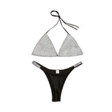 Maillot de bain bikini à col en V et dos nu avec perles contrastées et liens à nouer 