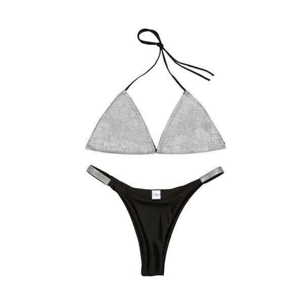 Traje de baño bikini con cuello en V, espalda descubierta y lazo en contraste 
