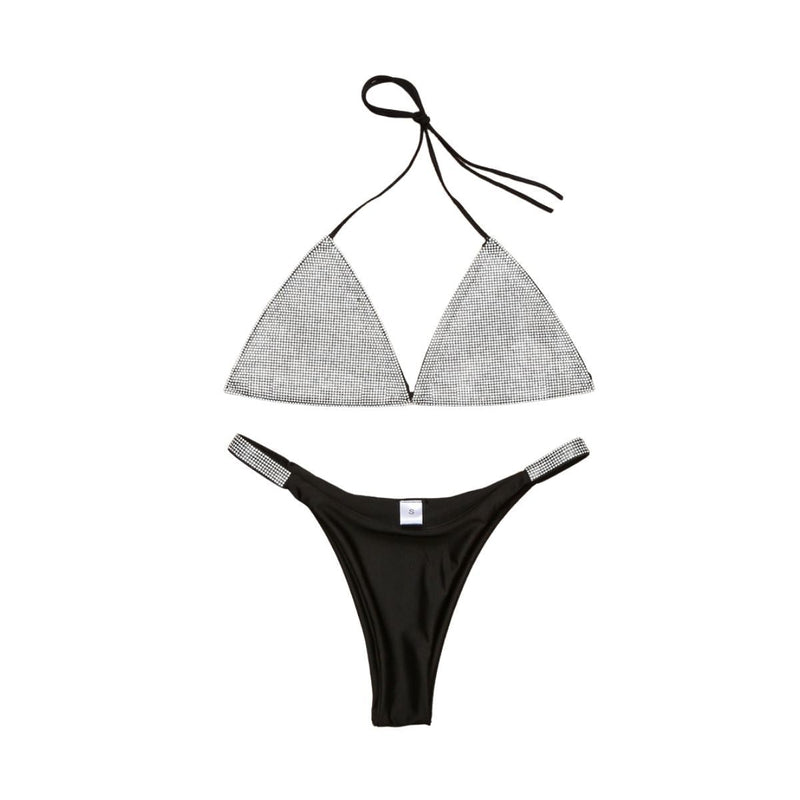 Maillot de bain bikini à col en V et dos nu avec perles contrastées et liens à nouer 