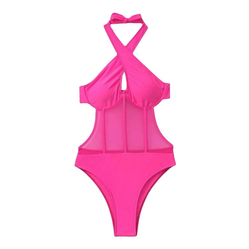 Maillot de bain une pièce dos nu en maille à nouer sur le devant et à licou croisé 