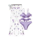 Traje de baño de tres piezas con tirantes finos, malla con apliques de mariposa, lazo en contraste y parte delantera cruzada 