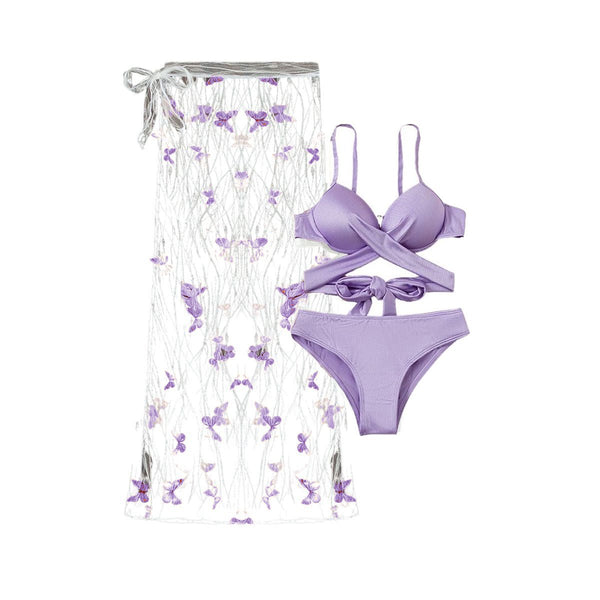 Traje de baño de tres piezas con tirantes finos, malla con apliques de mariposa, lazo en contraste y parte delantera cruzada 