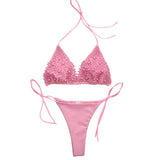 Traje de baño bikini con cuello halter de perlas, sin espalda, liso, con lazo 
