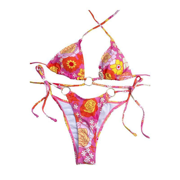 Traje de baño bikini tipo halter con relleno y lazo, con aro en contraste y estampado floral 