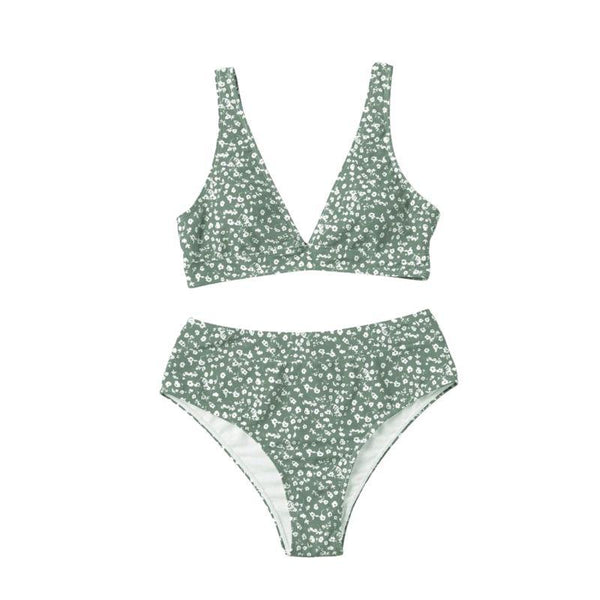 Traje de baño bikini sin mangas con cuello en V y estampado de flores 