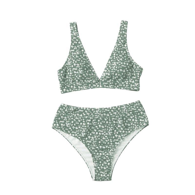 Traje de baño bikini sin mangas con cuello en V y estampado de flores 