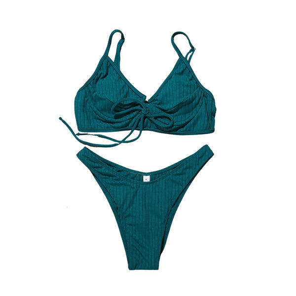 Maillot de bain bikini dos nu uni rembourré avec boucle à nouer dans le col en V 