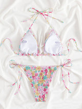 Maillot de bain bikini dos nu à motif floral smocké et à nouer soi-même 