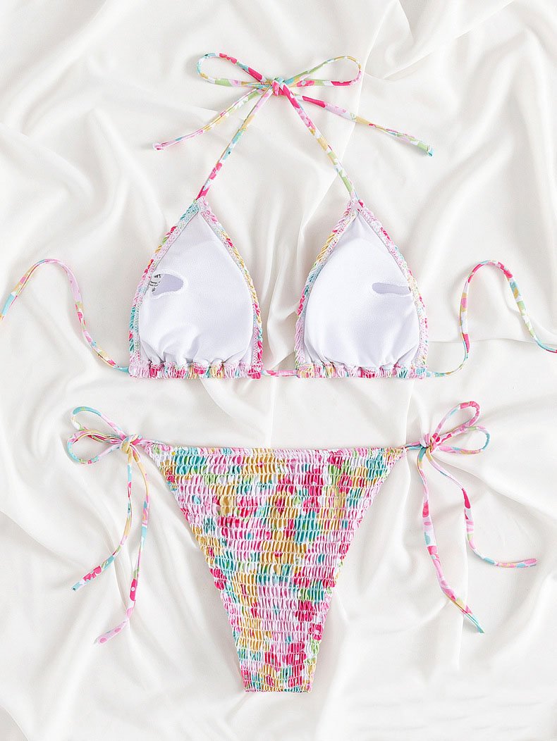Maillot de bain bikini dos nu à motif floral smocké et à nouer soi-même 