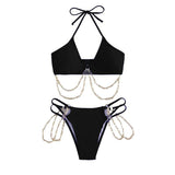 Traje de baño bikini con cuello halter, hueco, acolchado y cadena de metal, con lazo automático 