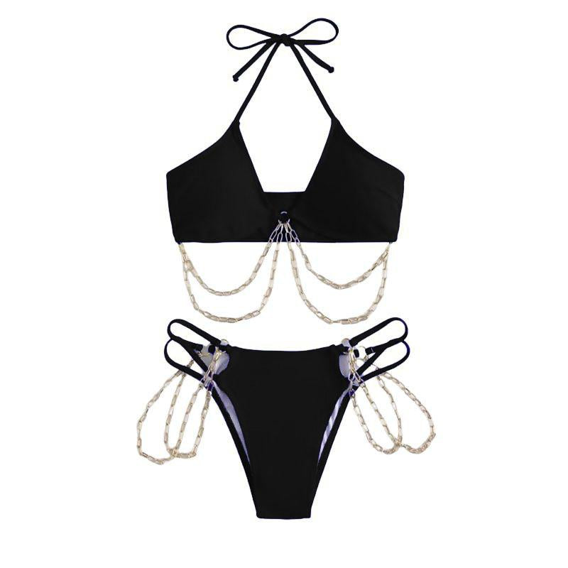 Traje de baño bikini con cuello halter, hueco, acolchado y cadena de metal, con lazo automático 