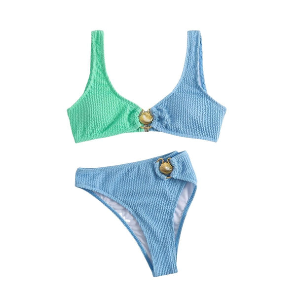 Maillot de bain bikini sans manches à col en U et anneau en O contrasté texturé 