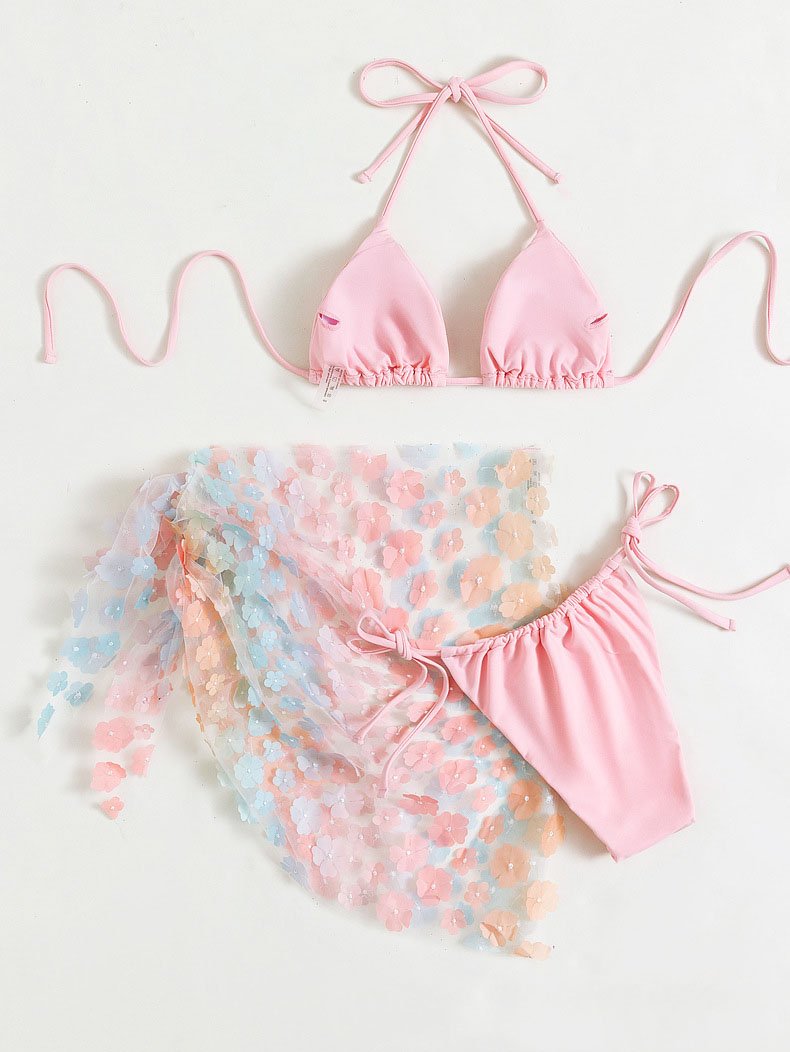 Traje de baño de 3 piezas con cuello halter, acolchado y estampado floral en contraste 
