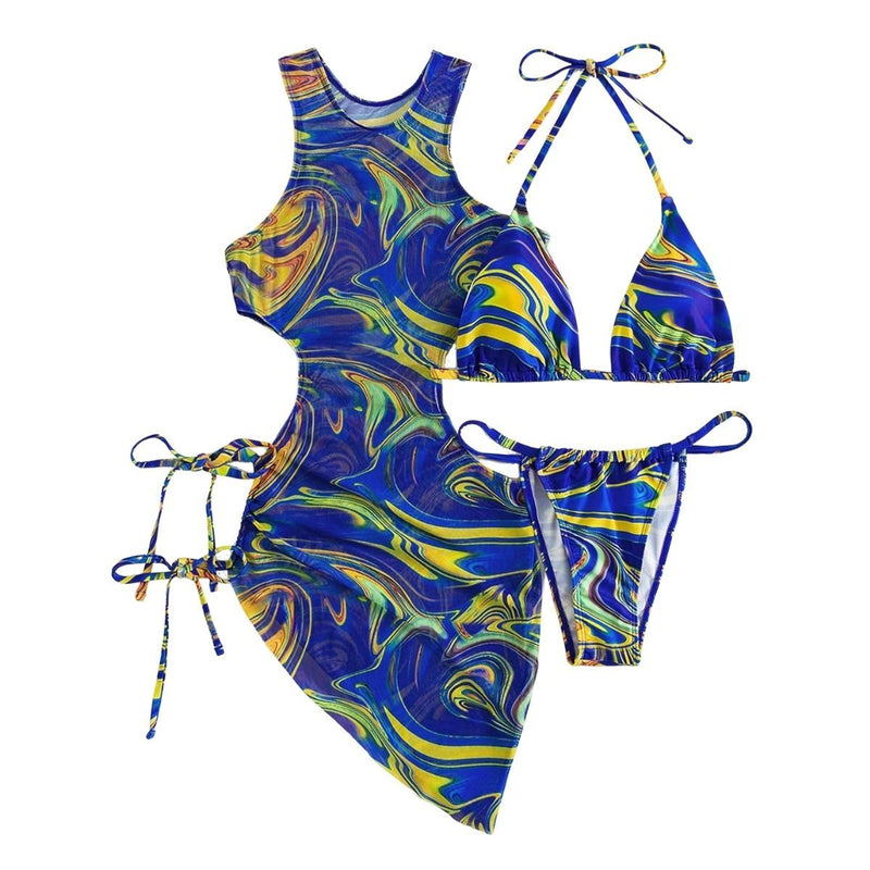 Traje de baño de 3 piezas con cuello halter, ahuecado, de malla con estampado en contraste y lazo 