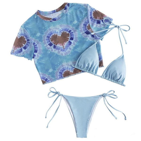 Maillot de bain 3 pièces uni à col rond et à nouer 